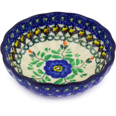 Polish Pottery Scalloped Fluted Bowl 5&quot; Cobalt Poppies UNIKAT