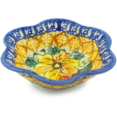 Polish Pottery Scalloped Fluted Bowl 5&quot; Colorful Bouquet UNIKAT
