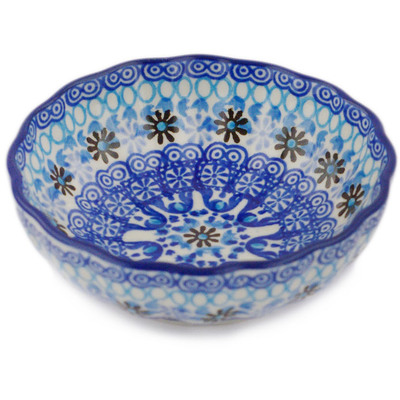 Polish Pottery Scalloped Fluted Bowl 5&quot; Crocheted Granny Squares