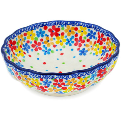 Polish Pottery Scalloped Fluted Bowl 5&quot; Flower Meadow In The Garden UNIKAT