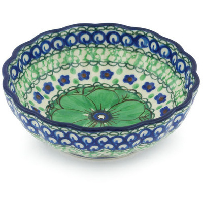 Polish Pottery Scalloped Fluted Bowl 5&quot; Green Pansies UNIKAT