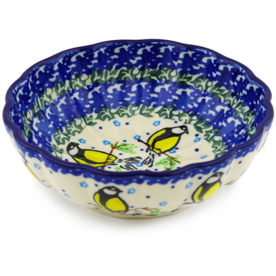 Polish Pottery Scalloped Fluted Bowl 5&quot; Happy Goldfinch