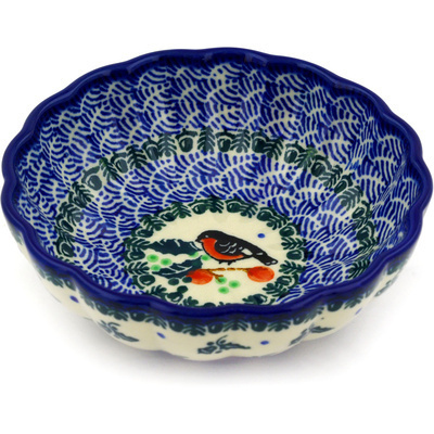 Polish Pottery Scalloped Fluted Bowl 5&quot; Holly Robin