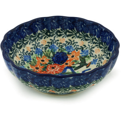 Polish Pottery Scalloped Fluted Bowl 5&quot; Hummingbird Bouquet UNIKAT
