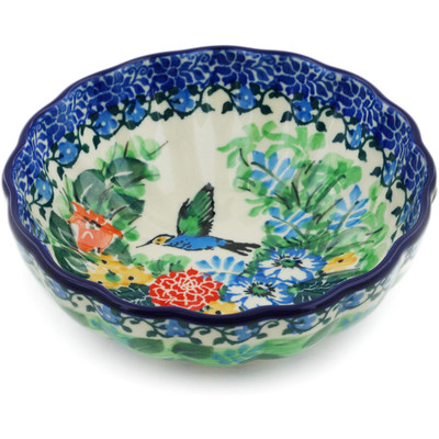 Polish Pottery Scalloped Fluted Bowl 5&quot; Hummingbird Meadow UNIKAT