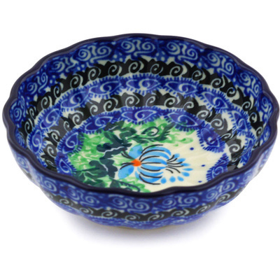 Polish Pottery Scalloped Fluted Bowl 5&quot; Lotus Flower UNIKAT