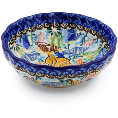 Polish Pottery Scalloped Fluted Bowl 5&quot; Ocean Whisper UNIKAT