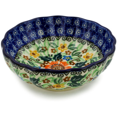 Polish Pottery Scalloped Fluted Bowl 5&quot; Orange Wreath UNIKAT