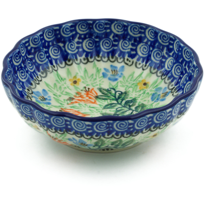 Polish Pottery Scalloped Fluted Bowl 5&quot; Peach Fan Fare UNIKAT
