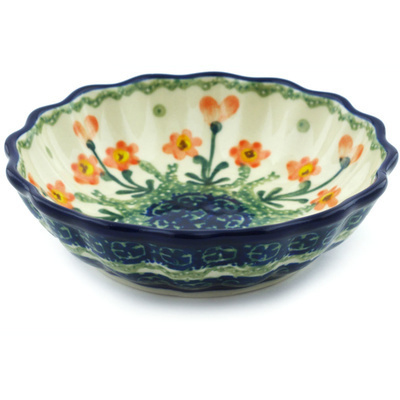Polish Pottery Scalloped Fluted Bowl 5&quot; Peach Spring Daisy