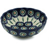 Polish Pottery Scalloped Fluted Bowl 5&quot; Peacock Leaves