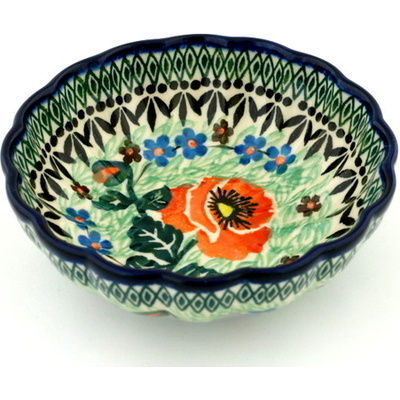 Polish Pottery Scalloped Fluted Bowl 5&quot; Playful Poppy UNIKAT