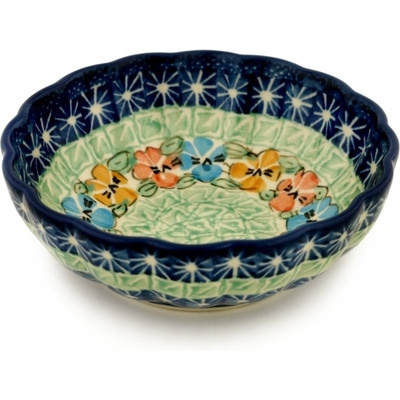 Polish Pottery Scalloped Fluted Bowl 5&quot; Primary Pansies UNIKAT