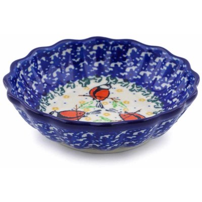 Polish Pottery Scalloped Fluted Bowl 5&quot; Redbird On A Wire
