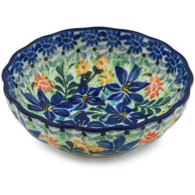 Polish Pottery Scalloped Fluted Bowl 5&quot; Sapphire Lilies UNIKAT