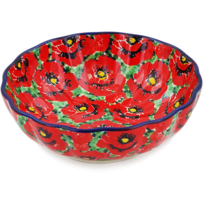 Polish Pottery Scalloped Fluted Bowl 5&quot; Savvy Scarlet UNIKAT