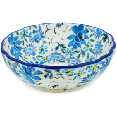 Polish Pottery Scalloped Fluted Bowl 5&quot; Secret Blue Garden UNIKAT