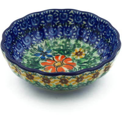 Polish Pottery Scalloped Fluted Bowl 5&quot; Sunflower Festival UNIKAT