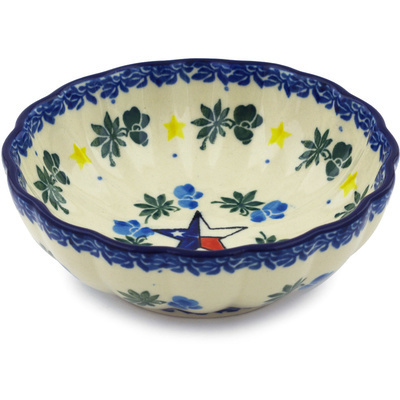 Polish Pottery Scalloped Fluted Bowl 5&quot; Texas Blue Bonnets