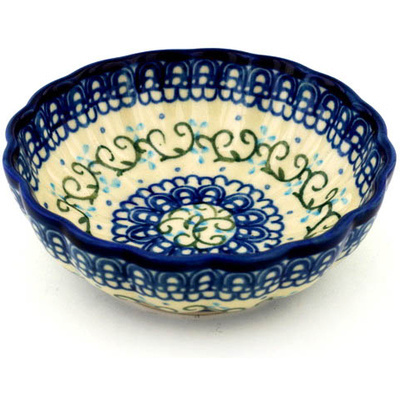 Polish Pottery Scalloped Fluted Bowl 5&quot; Vine Trellis