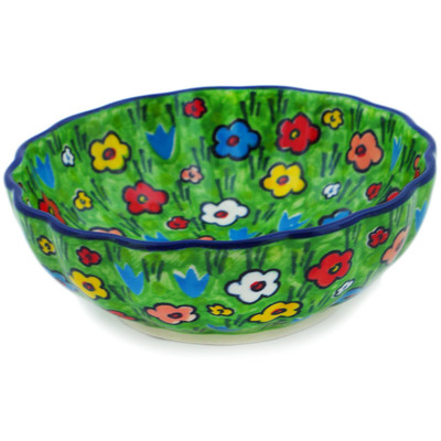 Polish Pottery Scalloped Fluted Bowl 5&quot; Whimsical Garden UNIKAT