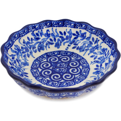 Polish Pottery Scalloped Fluted Bowl 5&quot; Wreath Of Blue UNIKAT