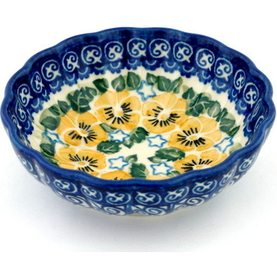 Polish Pottery Scalloped Fluted Bowl 5&quot; Yellow Pansy Star UNIKAT