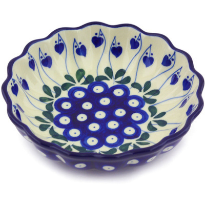 Polish Pottery Scalloped Fluted Bowl 6&quot; Bleeding Heart Peacock