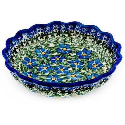 Polish Pottery Scalloped Fluted Bowl 6&quot; Blue Daisy Dream UNIKAT