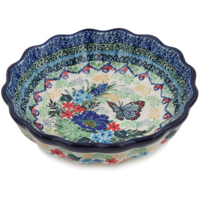 Polish Pottery Scalloped Fluted Bowl 6&quot; Blue Monarch Meadow UNIKAT