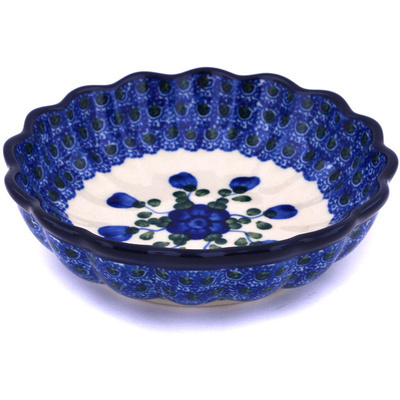 Polish Pottery Scalloped Fluted Bowl 6&quot; Blue Poppies