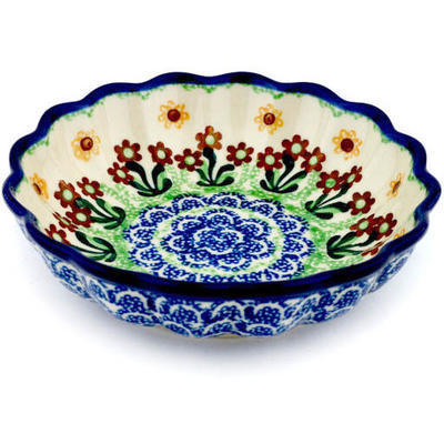 Polish Pottery Scalloped Fluted Bowl 6&quot; Brown Daisy Dance