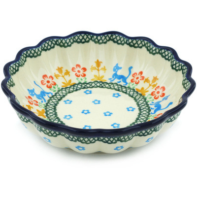Polish Pottery Scalloped Fluted Bowl 6&quot; Cat Parade