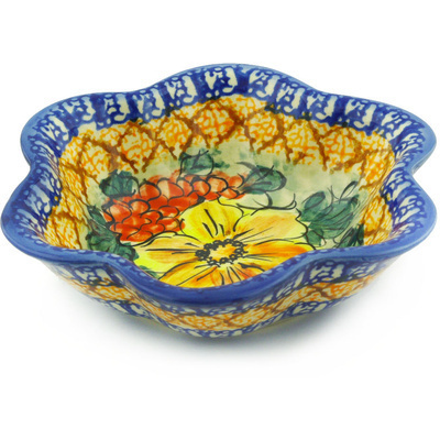 Polish Pottery Scalloped Fluted Bowl 6&quot; Colorful Bouquet UNIKAT