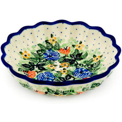 Polish Pottery Scalloped Fluted Bowl 6&quot; Dotted Floral Wreath UNIKAT