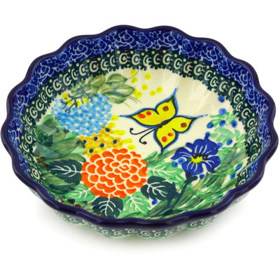 Polish Pottery Scalloped Fluted Bowl 6&quot; Spring Garden UNIKAT