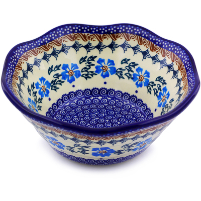 Polish Pottery Scalloped Fluted Bowl 7&quot; Blue Cornflower