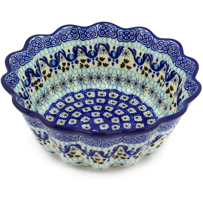 Polish Pottery Scalloped Fluted Bowl 7&quot; Blue Ice