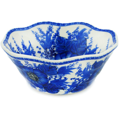 Polish Pottery Scalloped Fluted Bowl 7&quot; Blue Poppy Dream UNIKAT