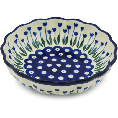 Polish Pottery Scalloped Fluted Bowl 7&quot; Blue Tulip Peacock