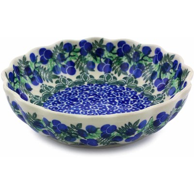 Polish Pottery Scalloped Fluted Bowl 7&quot; Blueberry Fields Forever