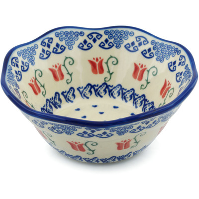 Polish Pottery Scalloped Fluted Bowl 7&quot; Butterfly Tulips