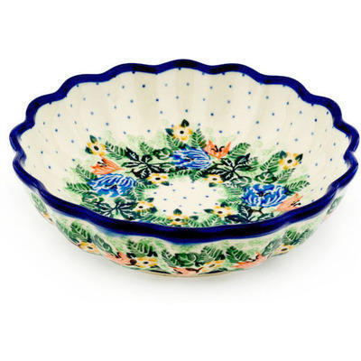 Polish Pottery Scalloped Fluted Bowl 7&quot; Dotted Floral Wreath UNIKAT