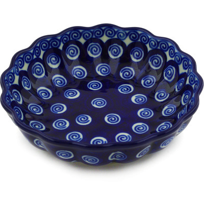 Polish Pottery Scalloped Fluted Bowl 7&quot; Swirling Blue Peacocks
