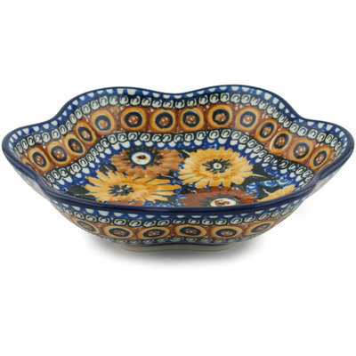 Polish Pottery Scalloped Fluted Bowl 8&quot; Autumn Chrysanthemums UNIKAT