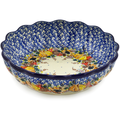 Polish Pottery Scalloped Fluted Bowl 8&quot; Autumn Falling Leaves UNIKAT