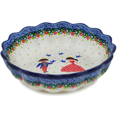 Polish Pottery Scalloped Fluted Bowl 8&quot; Bird Prince And Princess UNIKAT