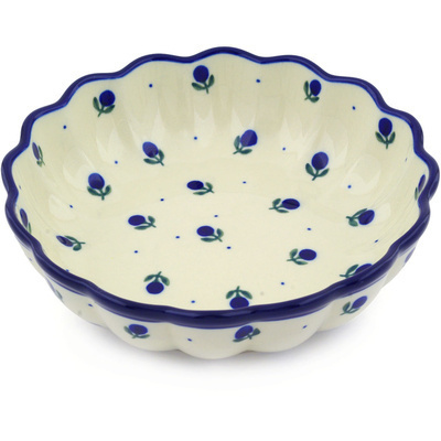Polish Pottery Scalloped Fluted Bowl 8&quot; Blue Buds