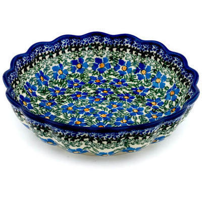 Polish Pottery Scalloped Fluted Bowl 8&quot; Blue Daisy Dream UNIKAT
