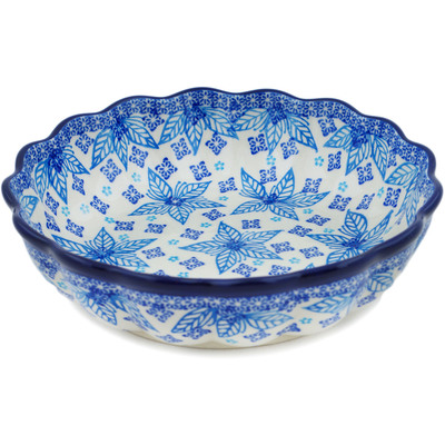 Polish Pottery Scalloped Fluted Bowl 8&quot; Blue Poinsettia UNIKAT